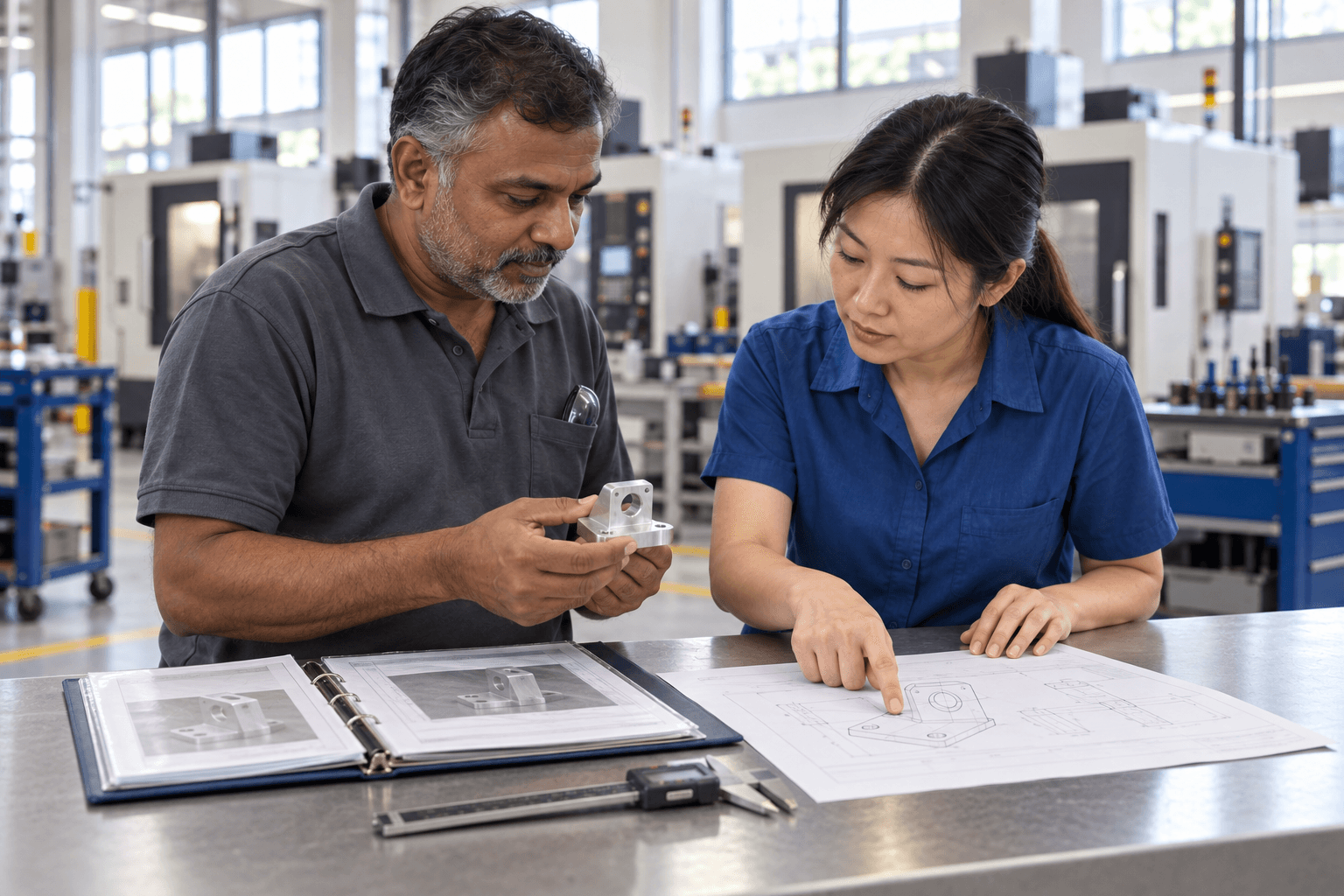 Illustrative scene of a machinist and an estimator comparing a machined bracket from an earlier job with the drawing for a new part.