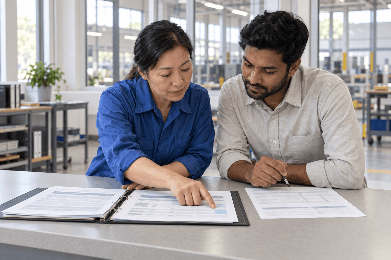 Illustrative scene of two manufacturing colleagues comparing production records at a planning counter beside the production area.