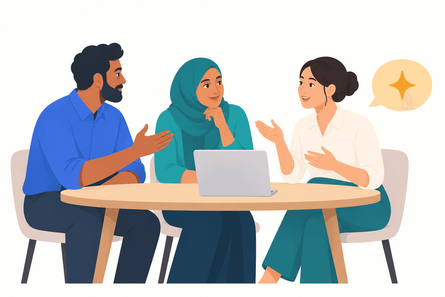 Three people collaborating with each other and an AI assistant, represented by an amber speech symbol.